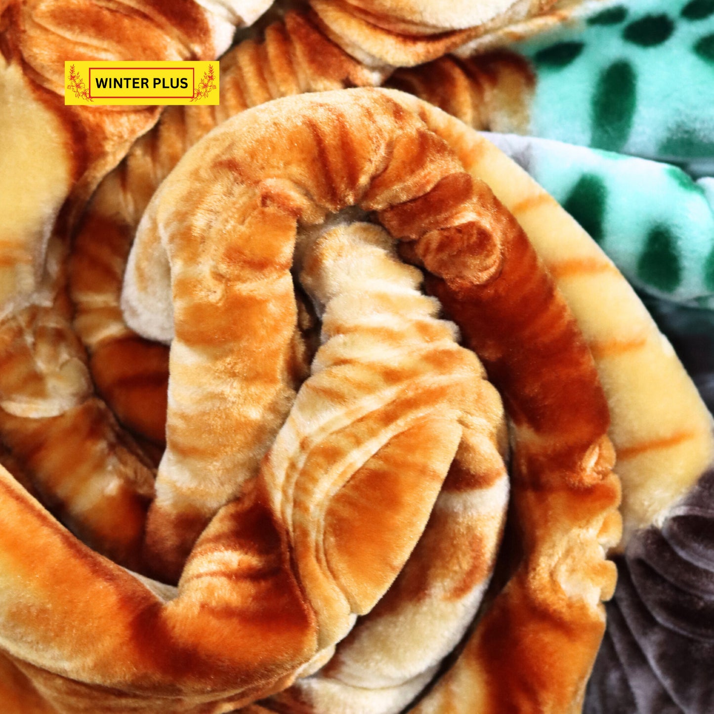 Close-Up of Soft Raschel Fabric – Green, Orange & Cream Patterns