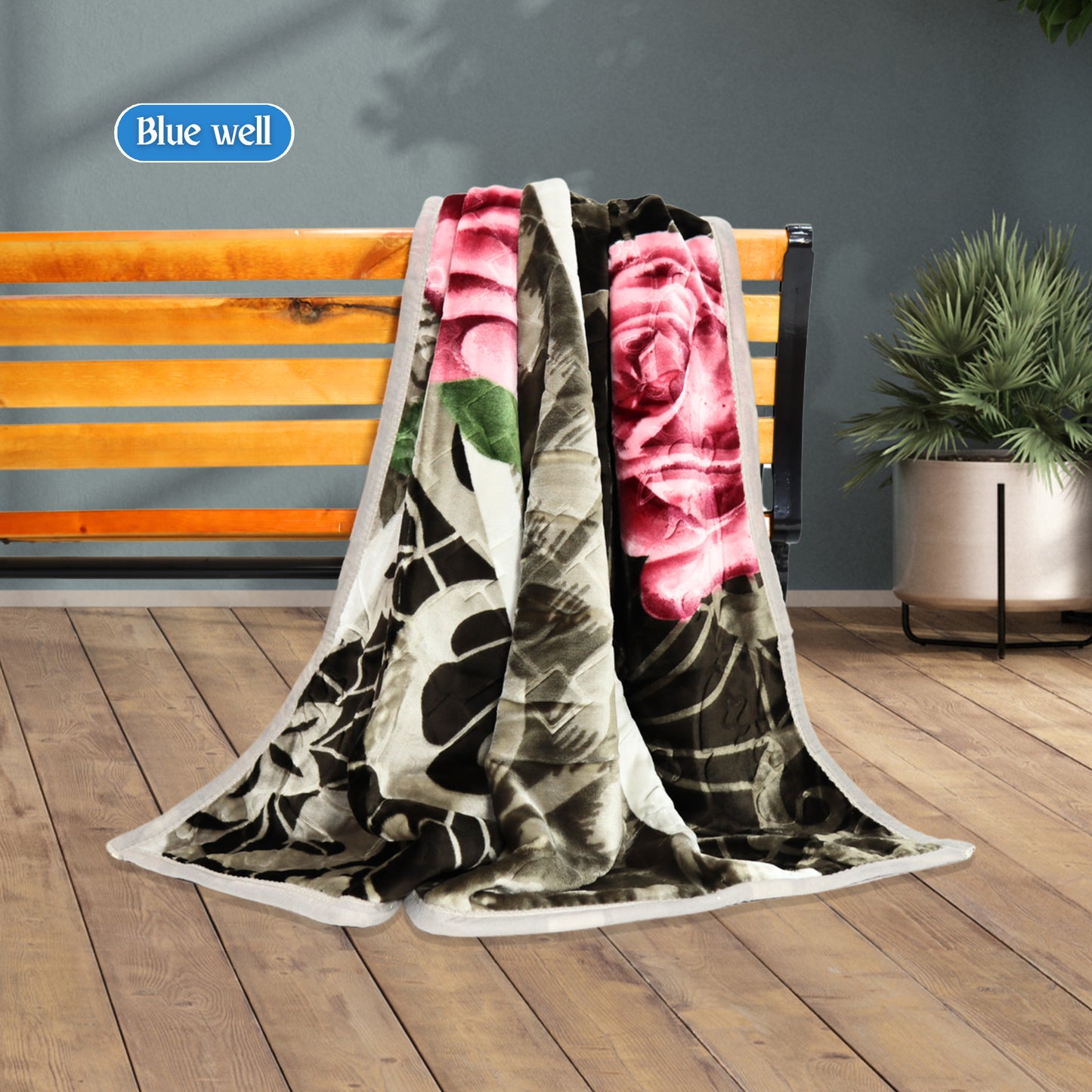 Blue Well Blanket Draped on Bench – Elegant Display in Red, Green & Cream