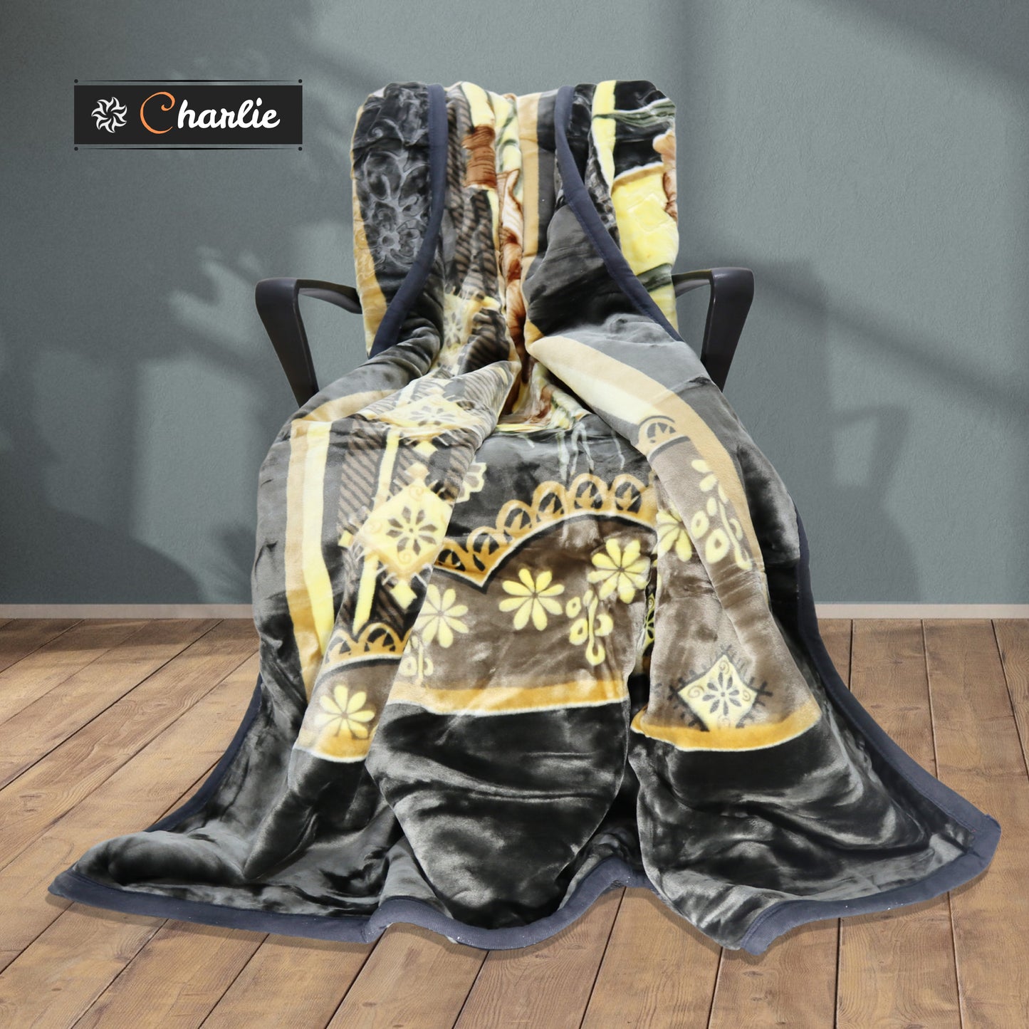 Al Basfoor Premium Charlie Two-Ply Blanket | Yellow-Black | Size 170 x 220 cm