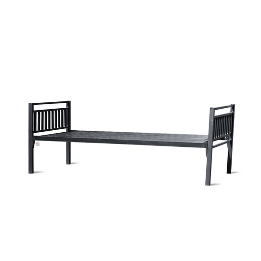 Heavy-duty black metal single bed with an epoxy powder-coated finish, designed for durability and modern spaces.