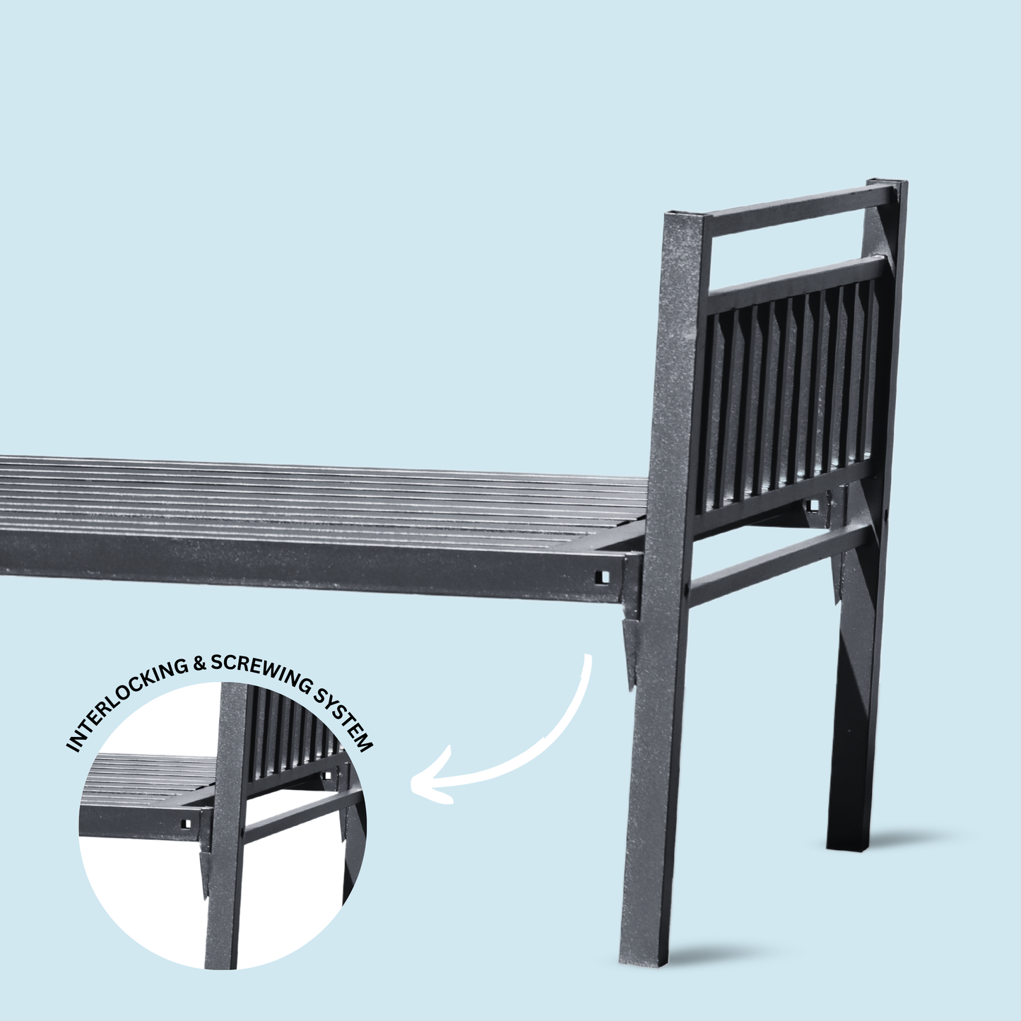 Focus on the interlocking and screwing system of the single-size black metal bed, highlighting its secure assembly design.