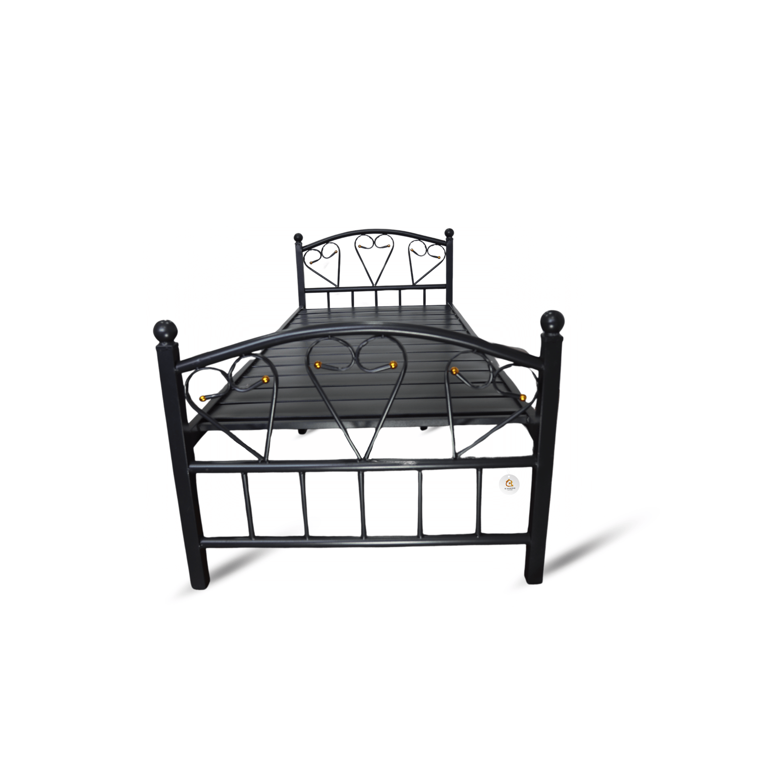 Elegant black metal bed frame with decorative headboard and durable construction, ideal for modern bedrooms, staff accommodations, and hostels, offered by Al Basfoor.