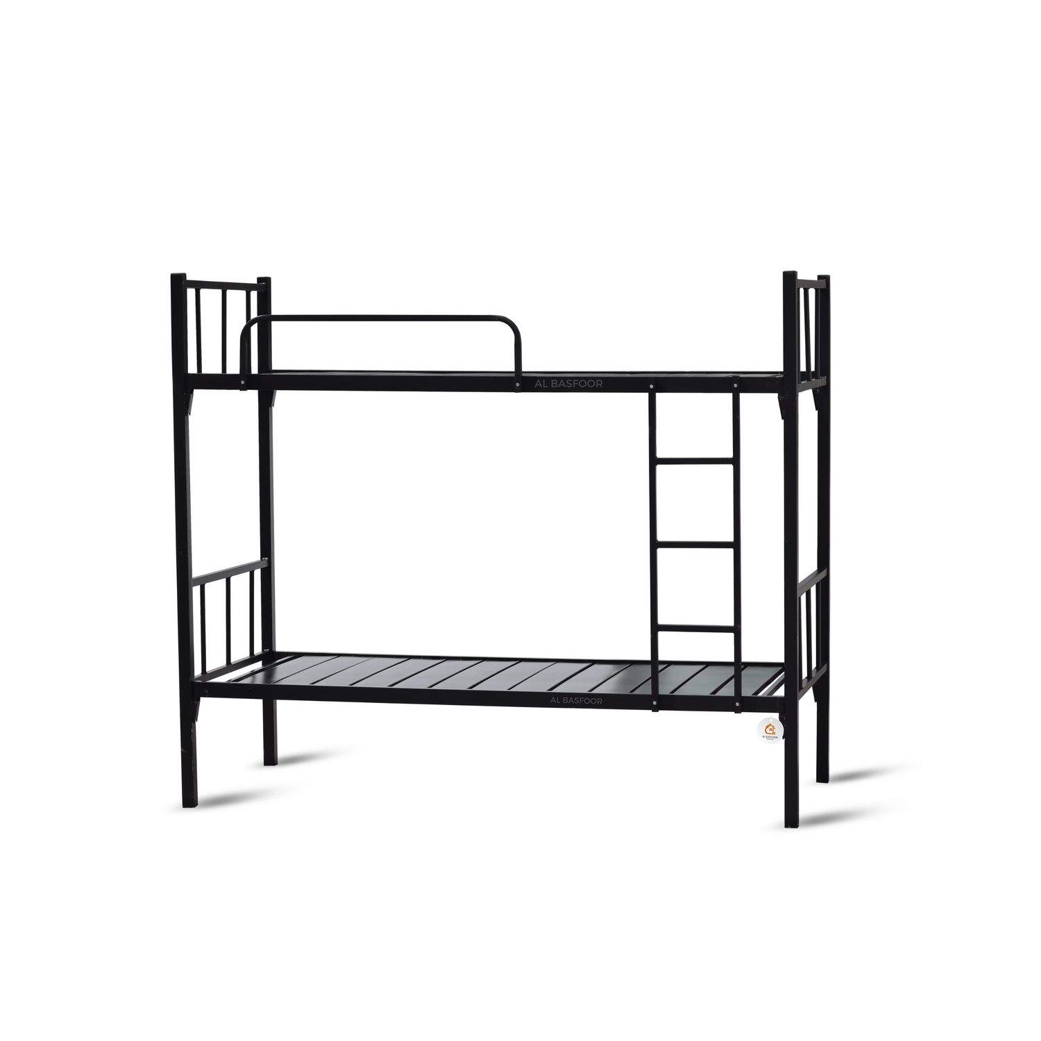 Durable black metal bunk bed with safety rails, sturdy ladder, and minimalist design, ideal for labor camps, staff housing, and hostels, offered by Al Basfoor.