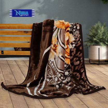 Nuha Premium Blanket in brown tones featuring elegant floral designs, crafted with soft and durable Raschel fabric for warmth and style.