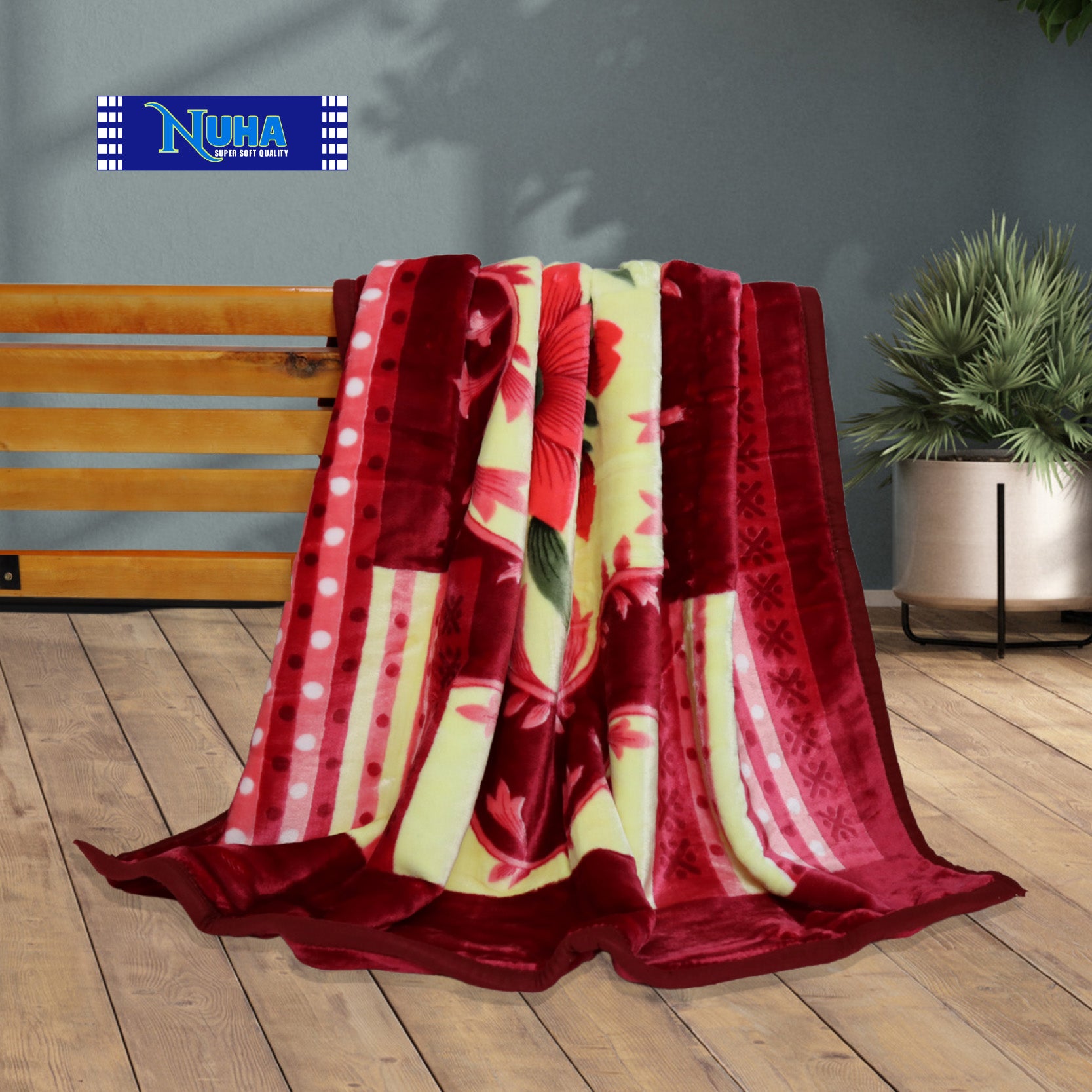 Nuha Premium Blanket in cream, red, and green tones with floral and striped patterns. Crafted from ultra-soft Raschel fabric for warmth, comfort, and durability.