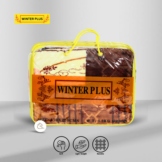 Winter Plus Blanket with beige and brown tones, featuring abstract patterns. Made of soft Raschel fabric, perfect for cozy winter nights.