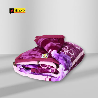 Hibad Single Blanket in shades of purple and pink, adorned with floral and abstract patterns. Made from soft Raschel fabric for a luxurious and durable experience.