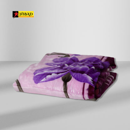 Hibad Single Blanket in shades of purple and pink, adorned with floral and abstract patterns. Made from soft Raschel fabric for a luxurious and durable experience.