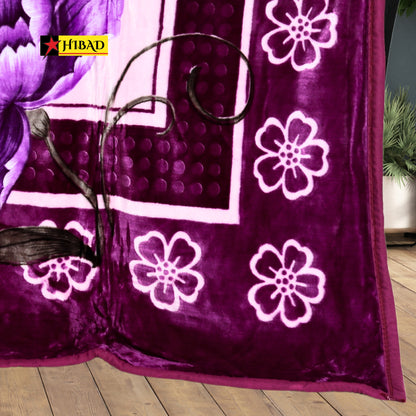 Hibad Single Blanket in shades of purple and pink, adorned with floral and abstract patterns. Made from soft Raschel fabric for a luxurious and durable experience.