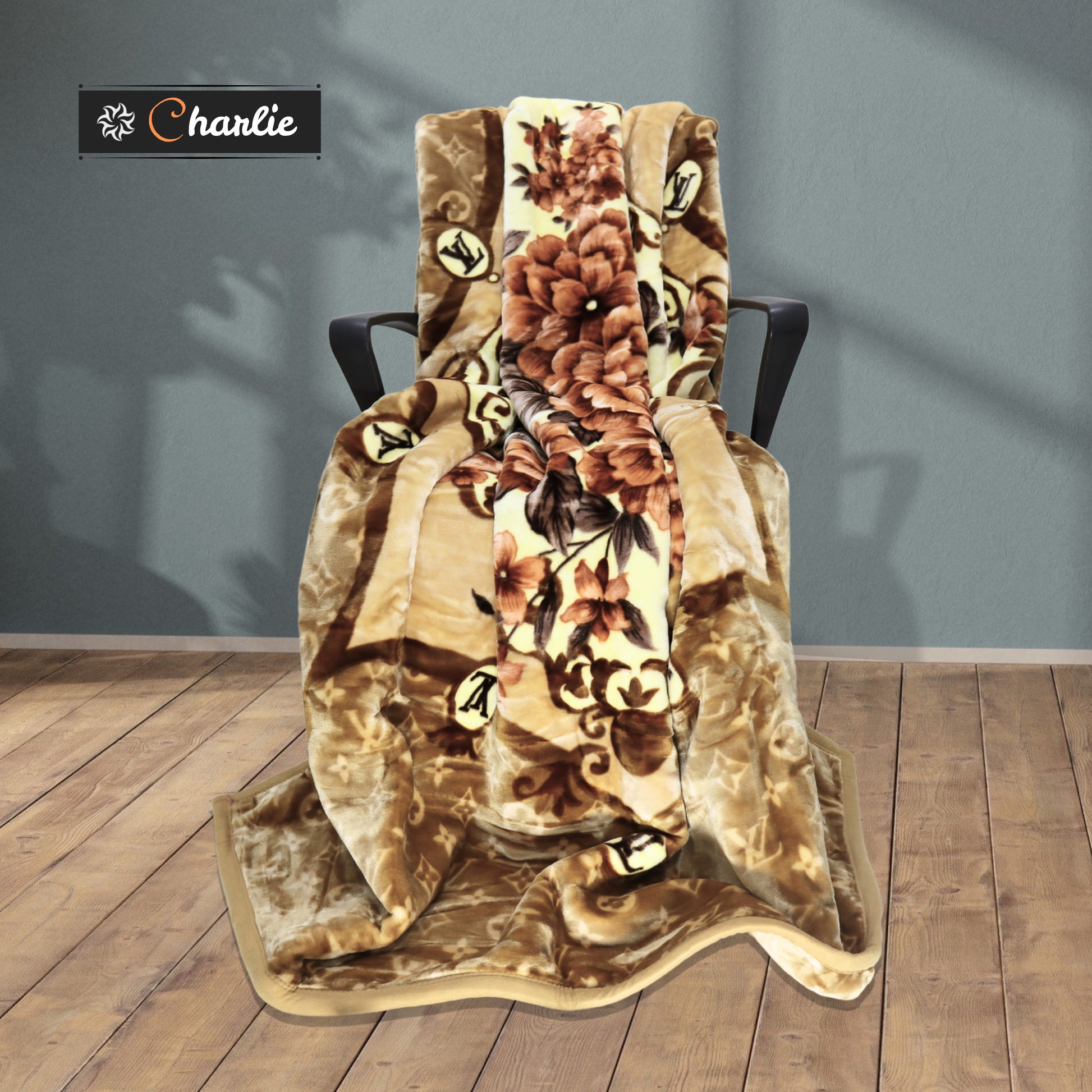 Elegant Charlie Blanket Draped on a Chair - Golden Floral