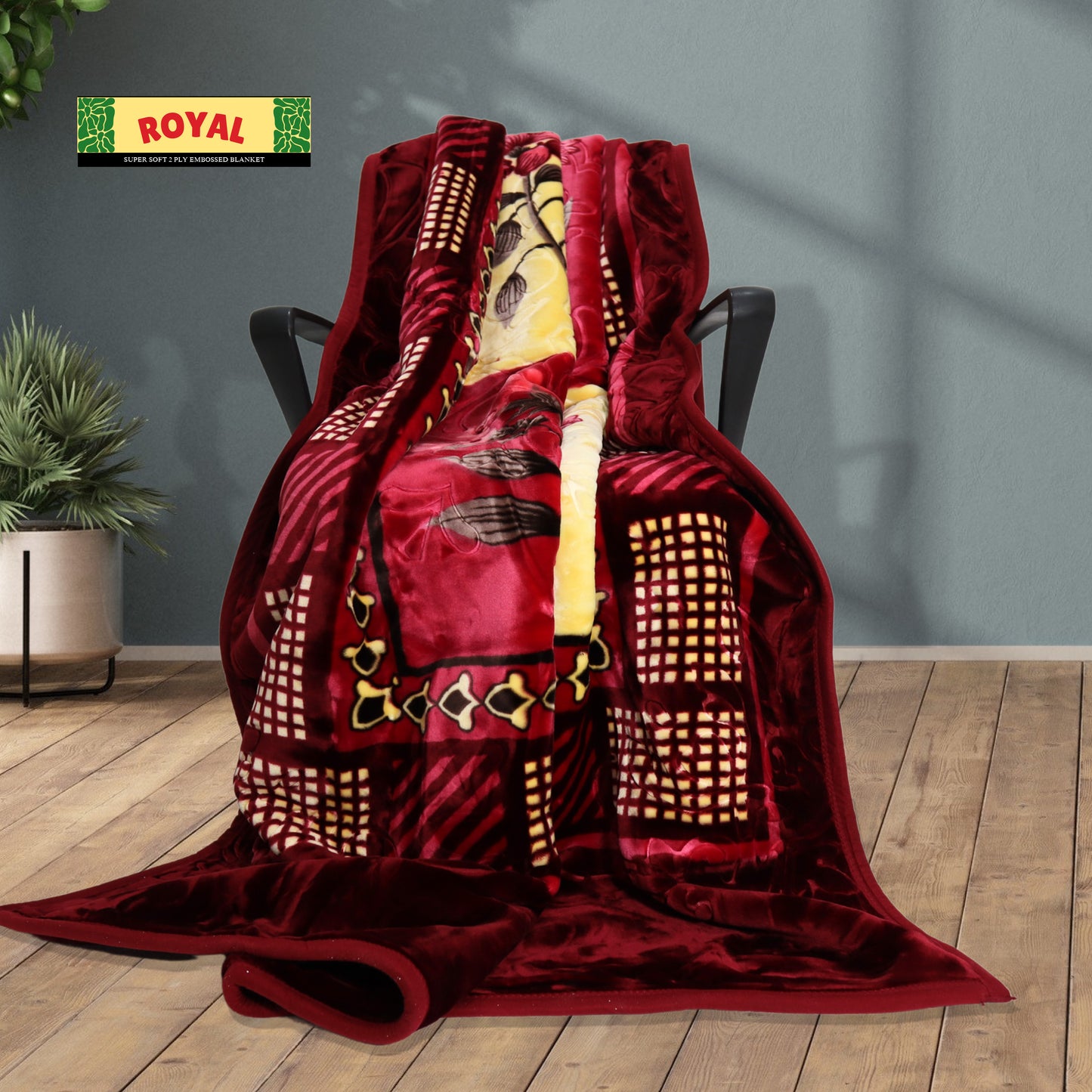 Royal Silk Blanket Draped on Chair – Red, Yellow & Cream Elegant Display