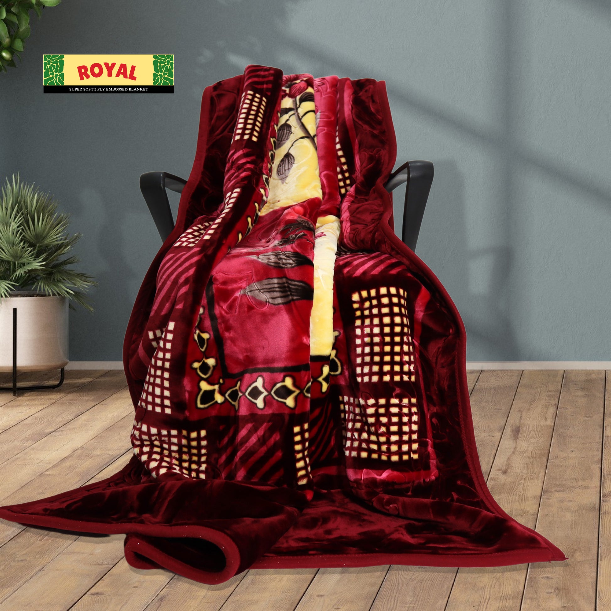 Royal Silk Blanket Draped on Chair – Red, Yellow & Cream Elegant Display