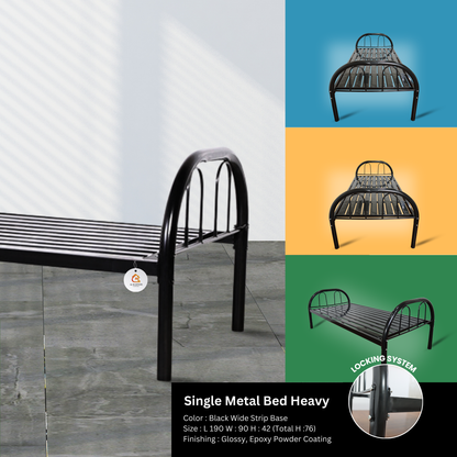 Heavy-Duty Single Metal Bed -Black- Wide Strip